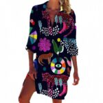 Beach Cover‑Ups Women Tropical Floral Animal Print Bikini Cover‑Up Shirt Dress 3/4 Sleeve Beach Tunic