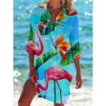 Beach Cover‑Ups Women Tropical Floral Animal Print Bikini Cover‑Up Shirt Dress 3/4 Sleeve Beach Tunic