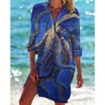 Beach Cover‑Ups Women Anchor Octopus Mermaid Print Bikini Cover‑Up Shirt Dress 3/4 Sleeve Beach Tunic