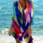 Beach Cover‑Ups Women Seahorse Starfish Print Beach Cover‑Up Shirt Dress 3/4 Sleeve Swim Coverup