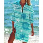 Beach Cover‑Ups Women Seahorse Starfish Print Beach Cover‑Up Shirt Dress 3/4 Sleeve Swim Coverup