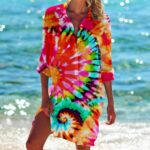 Beach Cover‑Ups Women Vacation‑themed Printed Shirt Cover‑Up 3/4 Sleeve Swimsuit Beach Tunic