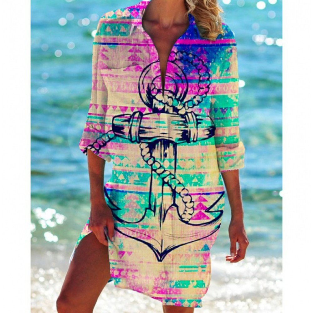 Beach Cover‑Ups Women Anchor Octopus Mermaid Print Bikini Cover‑Up Shirt Dress 3/4 Sleeve Beach Tunic