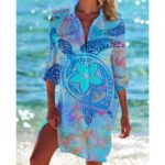 Beach Cover‑Ups Women Anchor Octopus Mermaid Print Bikini Cover‑Up Shirt Dress 3/4 Sleeve Beach Tunic
