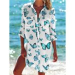 Beach Cover‑Ups Women Tropical Floral Animal Print Bikini Cover‑Up Shirt Dress 3/4 Sleeve Beach Tunic