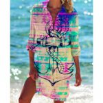 Beach Cover‑Ups Women Printed Beach Cover‑Up Shirt Dress 3/4 Sleeve Bikini Swim Coverup