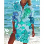 Beach Cover‑Ups Women Vacation‑themed Printed Shirt Cover‑Up 3/4 Sleeve Swimsuit Beach Tunic