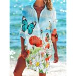 Beach Cover‑Ups Ladies Hawaiian Style Printed Kaftan Shirt Dress 3/4 Sleeve Swimsuit Beach Cover‑Up