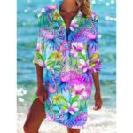 Beach Cover‑Ups Ladies Hawaiian Style Printed Kaftan Shirt Dress 3/4 Sleeve Swimsuit Beach Cover‑Up