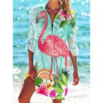 Beach Cover‑Ups Women Tropical Floral Animal Print Bikini Cover‑Up Shirt Dress 3/4 Sleeve Beach Tunic