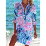Beach Cover‑Ups Women Tropical Floral Animal Print Bikini Cover‑Up Shirt Dress 3/4 Sleeve Beach Tunic
