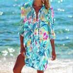 Beach Cover‑Ups Women Anchor Octopus Mermaid Print Bikini Cover‑Up Shirt Dress 3/4 Sleeve Beach Tunic