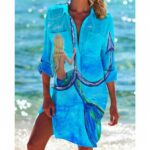 Beach Cover‑Ups Women Anchor Octopus Mermaid Print Bikini Cover‑Up Shirt Dress 3/4 Sleeve Beach Tunic