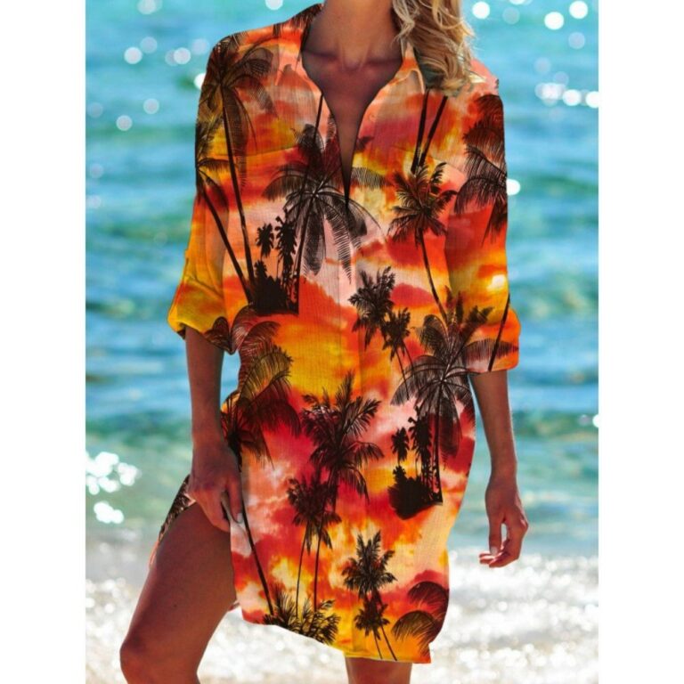 Beach Cover‑Ups Ladies Hawaiian Style Printed Kaftan Shirt Dress 3/4 Sleeve Swimsuit Beach Cover‑Up
