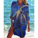 Beach Cover‑Ups Women Printed Beach Cover‑Up Shirt Dress 3/4 Sleeve Bikini Swim Coverup