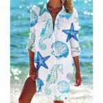Beach Cover‑Ups Women Vacation‑themed Printed Shirt Cover‑Up 3/4 Sleeve Swimsuit Beach Tunic