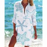 Beach Cover‑Ups Women Vacation‑themed Printed Shirt Cover‑Up 3/4 Sleeve Swimsuit Beach Tunic