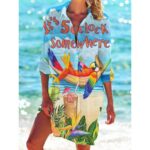 Beach Cover‑Ups Ladies Hawaiian Style Printed Kaftan Shirt Dress 3/4 Sleeve Swimsuit Beach Cover‑Up