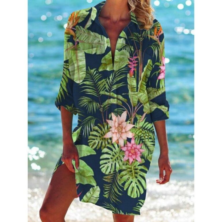 Beach Cover‑Ups Women Tropical Floral Animal Print Bikini Cover‑Up Shirt Dress 3/4 Sleeve Beach Tunic