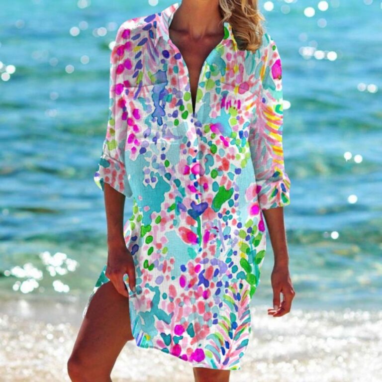 Beach Cover‑Ups Women Abstract Tropical Leaf Bikini Cover‑Up Shirt Dress 3/4 Sleeve Beach Tunic