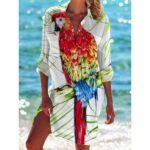 Beach Cover‑Ups Women Tropical Floral Animal Print Bikini Cover‑Up Shirt Dress 3/4 Sleeve Beach Tunic