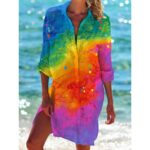 Beach Cover‑Ups Ladies Hawaiian Style Printed Kaftan Shirt Dress 3/4 Sleeve Swimsuit Beach Cover‑Up