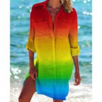 Beach Cover‑Ups Women Anchor Octopus Mermaid Print Bikini Cover‑Up Shirt Dress 3/4 Sleeve Beach Tunic