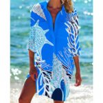 Beach Cover‑Ups Women Vacation‑themed Printed Shirt Cover‑Up 3/4 Sleeve Swimsuit Beach Tunic