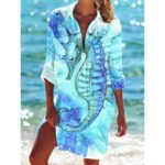 Beach Cover‑Ups Ladies Hawaiian Style Printed Kaftan Shirt Dress 3/4 Sleeve Swimsuit Beach Cover‑Up