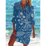 Beach Cover‑Ups Ladies Hawaiian Style Printed Kaftan Shirt Dress 3/4 Sleeve Swimsuit Beach Cover‑Up