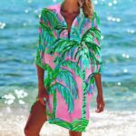 Beach Cover‑Ups Women Vacation‑themed Printed Shirt Cover‑Up 3/4 Sleeve Swimsuit Beach Tunic