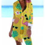 Beach Cover‑Ups Women Anchor Octopus Mermaid Print Bikini Cover‑Up Shirt Dress 3/4 Sleeve Beach Tunic