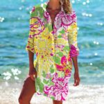 Beach Cover‑Ups Women Printed Beach Cover‑Up Shirt Dress 3/4 Sleeve Bikini Swim Coverup