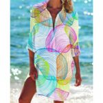 Beach Cover‑Ups Women Seahorse Starfish Print Beach Cover‑Up Shirt Dress 3/4 Sleeve Swim Coverup