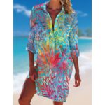 Beach Cover‑Ups Ladies Hawaiian Style Printed Kaftan Shirt Dress 3/4 Sleeve Swimsuit Beach Cover‑Up