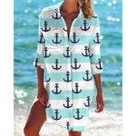 Beach Cover‑Ups Women Anchor Octopus Mermaid Print Bikini Cover‑Up Shirt Dress 3/4 Sleeve Beach Tunic
