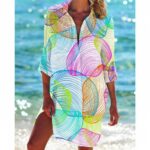 Beach Cover‑Ups Women Vacation‑themed Printed Shirt Cover‑Up 3/4 Sleeve Swimsuit Beach Tunic