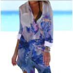 Beach Cover‑Ups Women Tropical Floral Animal Print Bikini Cover‑Up Shirt Dress 3/4 Sleeve Beach Tunic