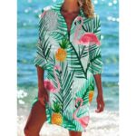 Beach Cover‑Ups Ladies Hawaiian Style Printed Kaftan Shirt Dress 3/4 Sleeve Swimsuit Beach Cover‑Up