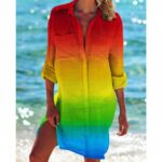Beach Cover‑Ups Women Printed Beach Cover‑Up Shirt Dress 3/4 Sleeve Bikini Swim Coverup