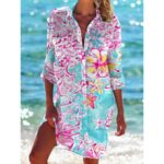 Beach Cover‑Ups Ladies Hawaiian Style Printed Kaftan Shirt Dress 3/4 Sleeve Swimsuit Beach Cover‑Up